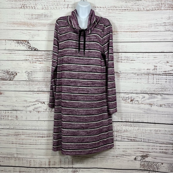 Market & Soruce Purple Striped Cowl Tie Neck Long Sleeve Dress - Picture 1 of 11